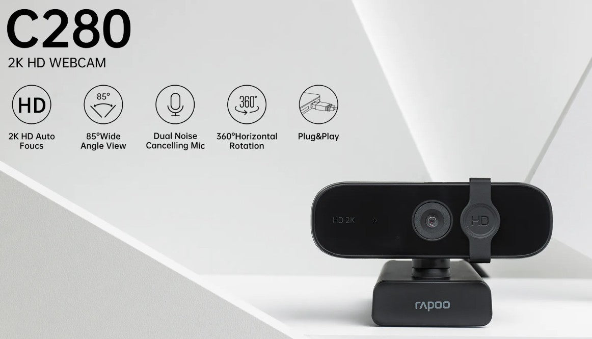 RAPOO C280 2K Webcam - 85 Degree Wide Angle Lens, 360 degrees, Omini Mic. Noise cancel, AutoF Plug & Play. Teams, Google Meet, Zoom, Win Hello, Wechat RAPOO C280 2K Webcam - 85 Degree Wide Angle Lens, 360 degrees, Omini Mic. Noise cancel, AutoF Plug & Play. Teams, Google Meet, Zoom, Win Hello, Wechat